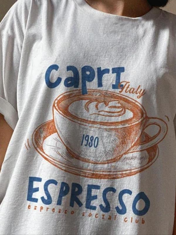 Women's Letter & Coffee Print Round Neck Tee, Casual Short Sleeve Crew Neck T-shirt for Summer, Fashion Women's Top for...