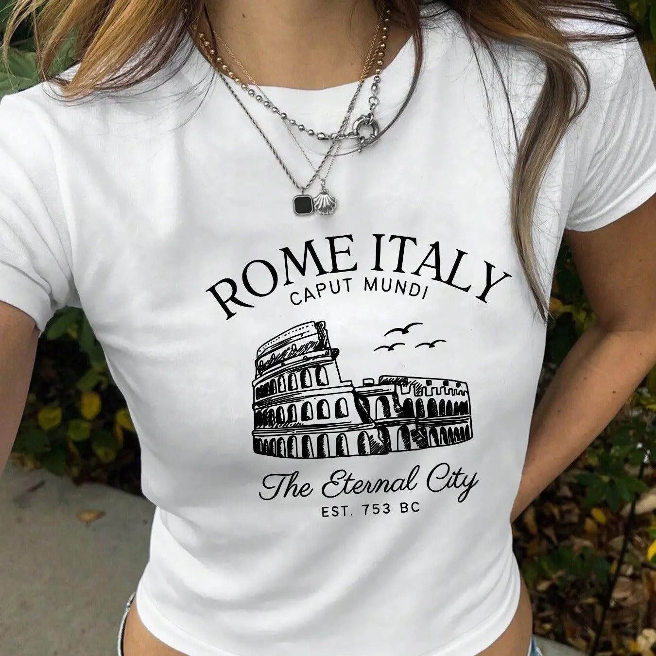 Women's Letter & Colosseum Print Round Neck  Crop Tee, Vintage Trendy Casual Short Sleeve T-shirt for Daily Wear, Ladies...