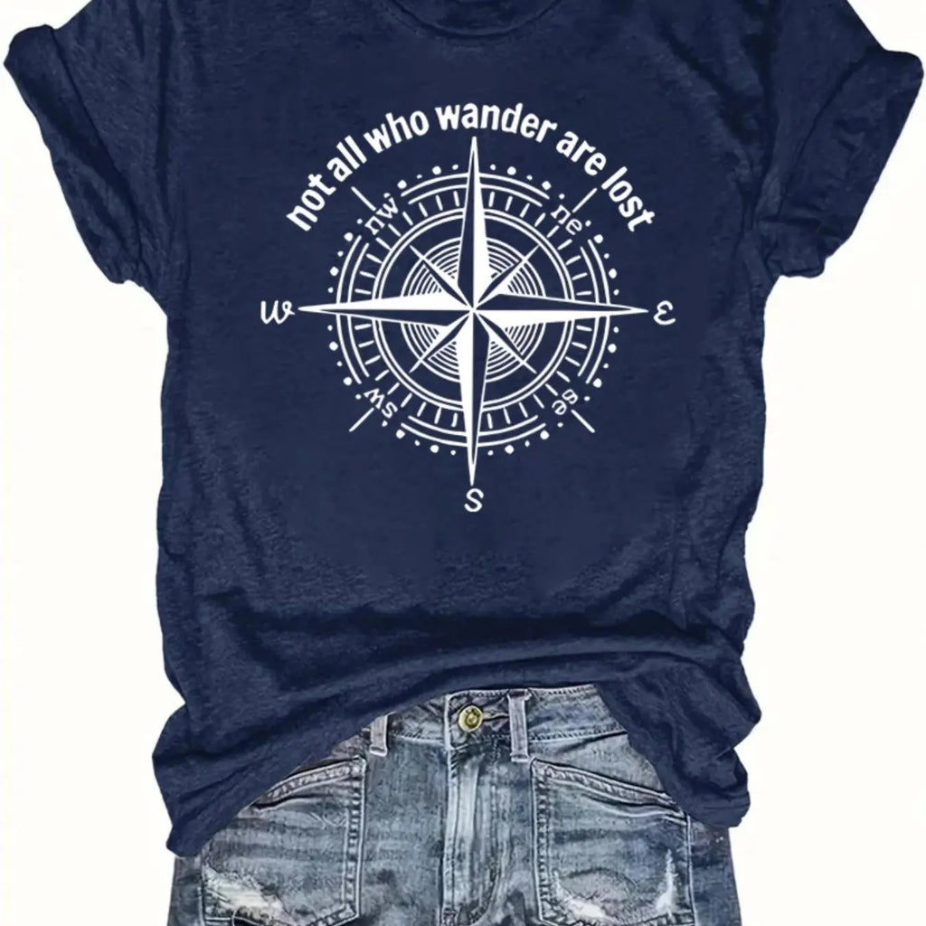 Women's Letter & Compass Print Round Neck Tee, Casual Short Sleeve Crew Neck T-Shirt for Summer, Fashion Women's Top for...