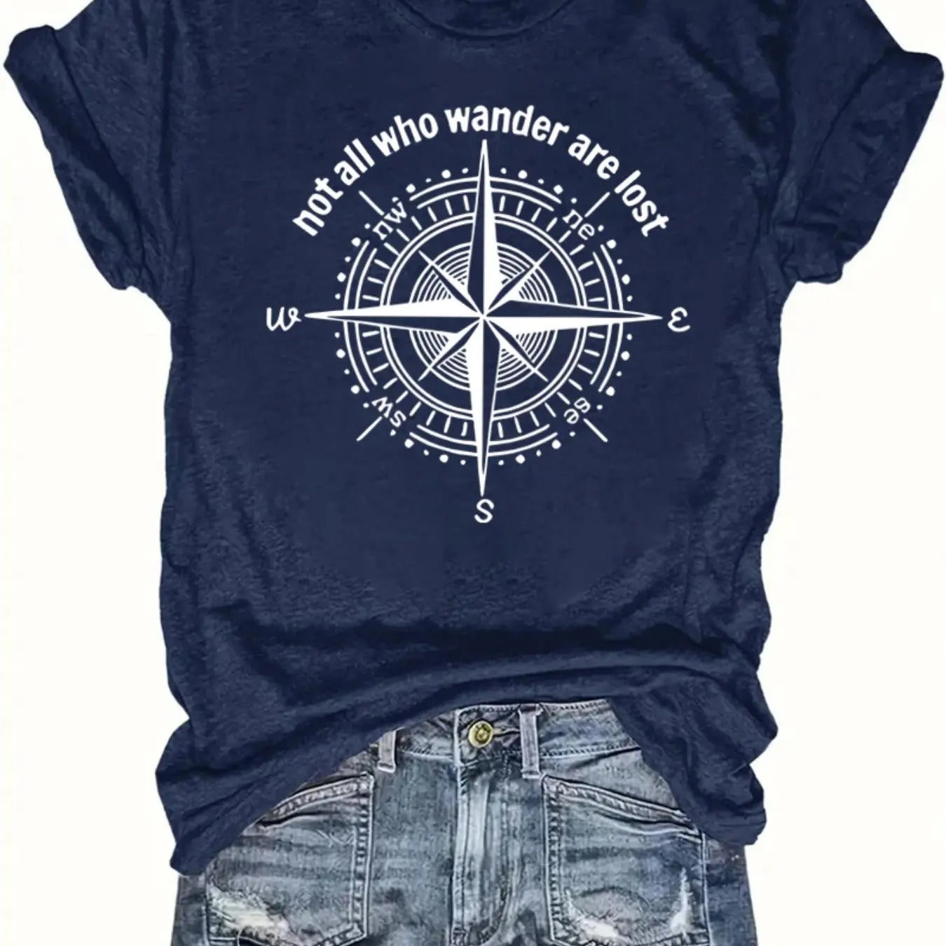 Women's Letter & Compass Print Round Neck Tee, Casual Short Sleeve Crew Neck T-Shirt for Summer, Fashion Women's Top for...