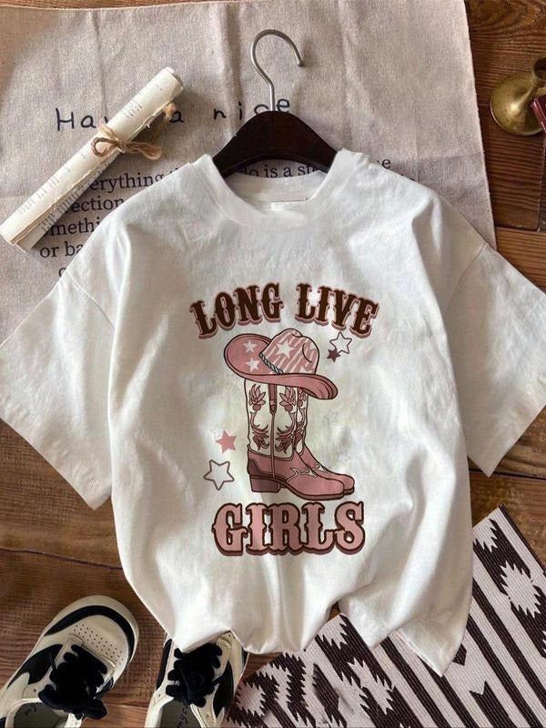 Women's Letter & Cowboy Boots Print Round Neck Tee, Fashion Casual Crew Neck Short Sleeve T-Shirt for Daily Outdoor Wear,...