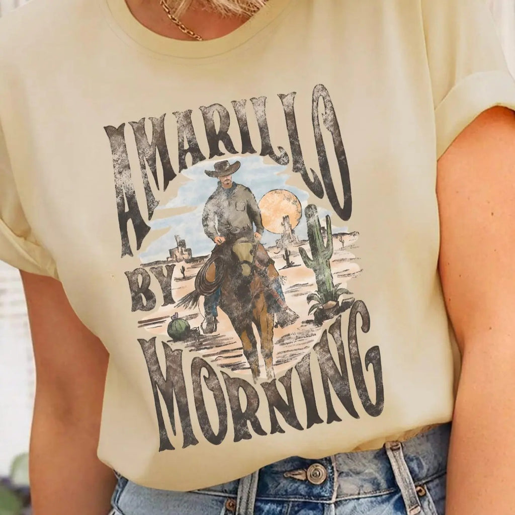 Women's Letter & Cowboy Graphic Round Neck Tee, Vintage Trendy Casual Short Sleeve T-shirt for Daily Wear, Ladies All...
