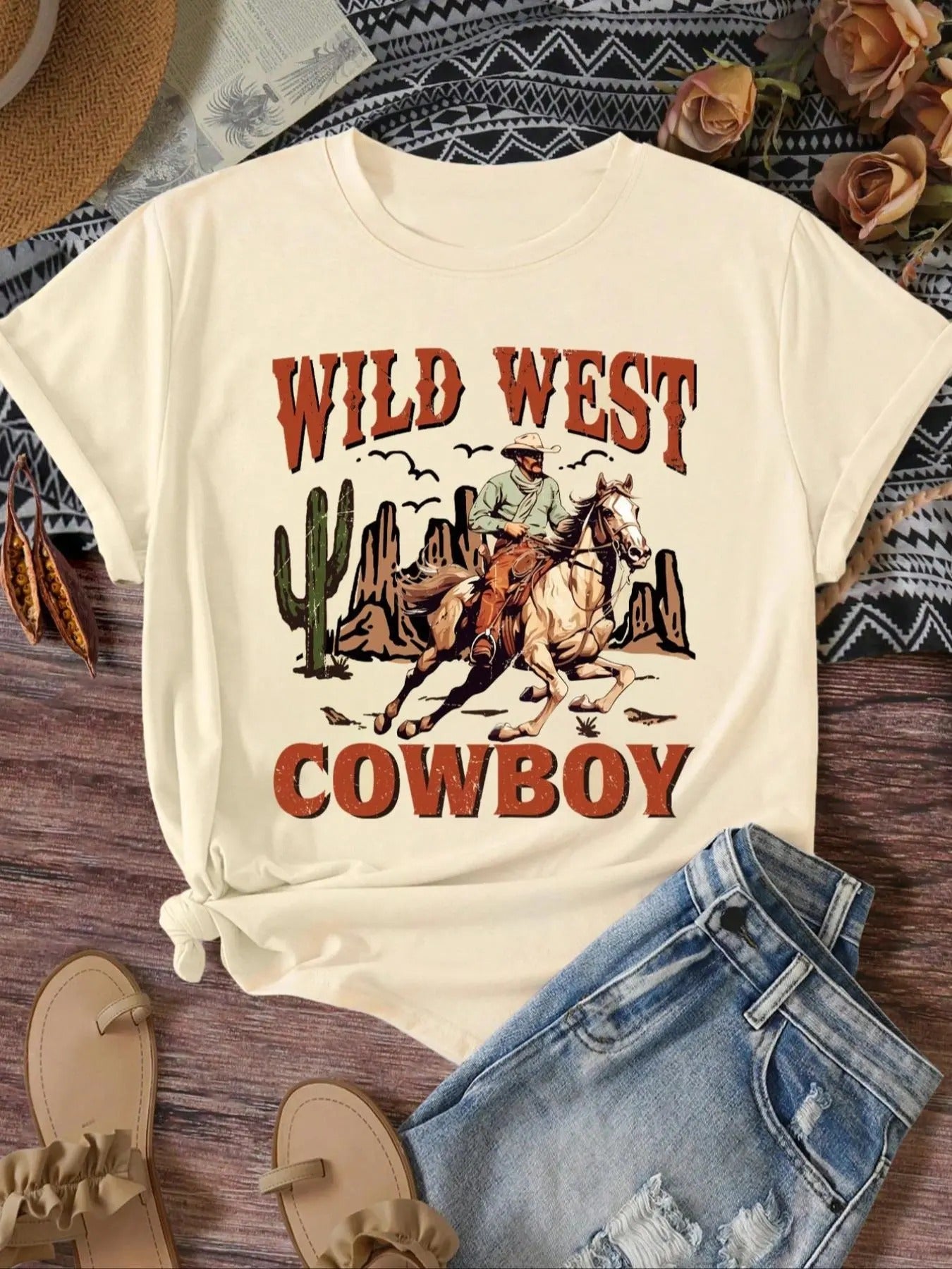 Women's Letter & Cowboy Print Round Neck Tee, Vintage Trendy Casual Short Sleeve Crew Neck T-Shirt for Daily Wear, Ladies...