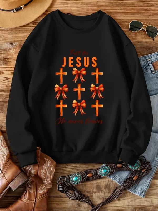 Women's Letter & Cross Print Drop Shoulder Sweatshirt, Casual Long Sleeve Round Neck Pullover for Fall & Winter, Women's...