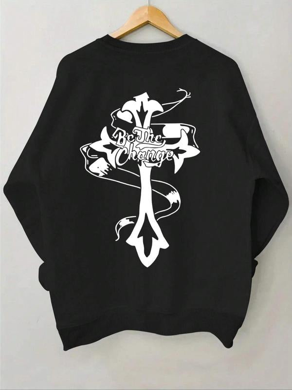 Women's Letter & Cross Print Drop Shoulder Sweatshirt, Casual Long Sleeve Round Neck Pullover for Fall & Winter, Women's...