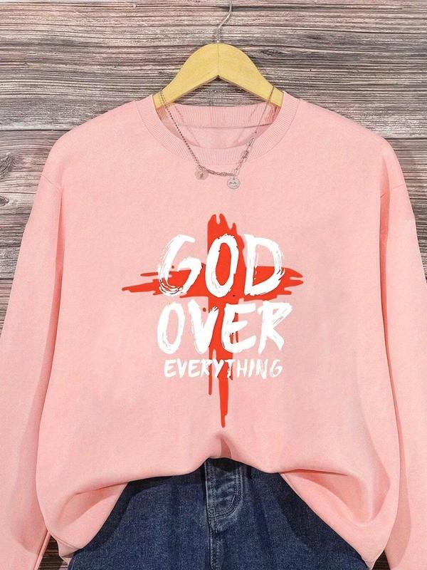Women's Letter & Cross Print Drop Shoulder Sweatshirt, Casual Long Sleeve Round Neck Pullover for Fall & Winter, Women's...