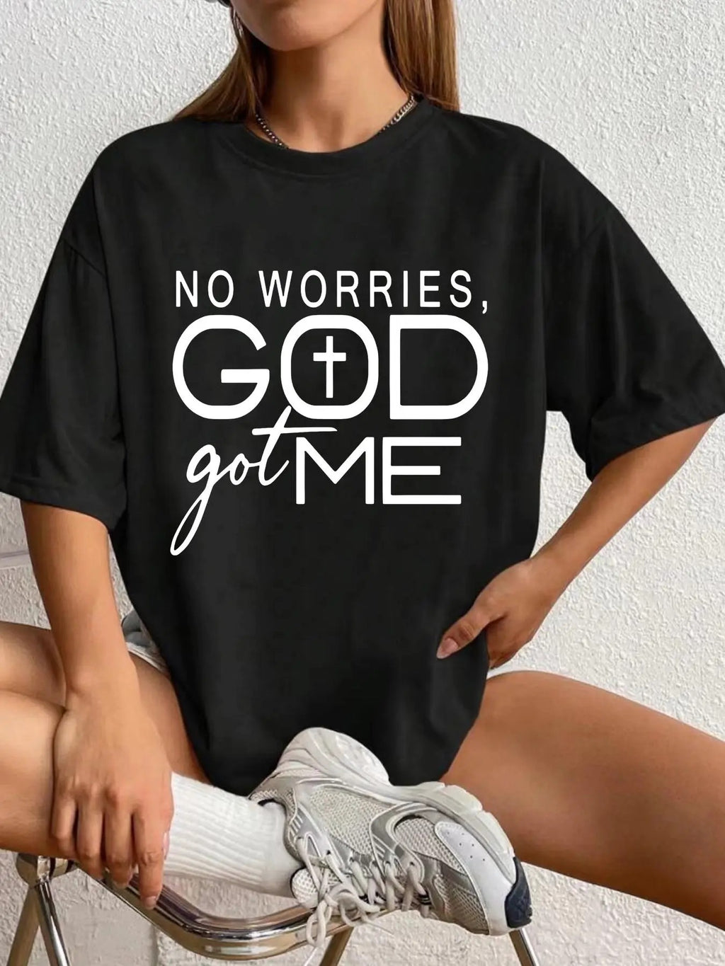 Women's Letter & Cross Print Round Neck Tee, Casual Crew Neck T-Shirt for Summer, Fashion Women's Top for Daily Wear...