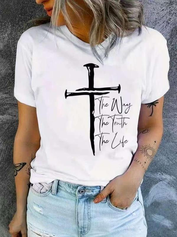 Women's Letter & Cross Print Round Neck Tee, Casual Short Sleeve Crew Neck T-shirt for Summer, Fashion Women's Top for...