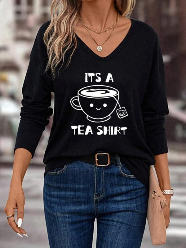 Women's Letter & Cup  Print  Drop Shoulder Tee, Casual Long Sleeve V Neck T-shirt for Fall & Winter, Fashion Ladies' Top...