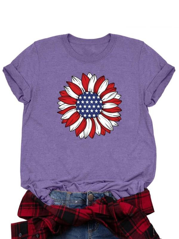 Women's Letter & Daisy Print Round Neck Tee, Casual Short Sleeve Crew Neck T-shirt for Daily Wear, Ladies Clothes for All...