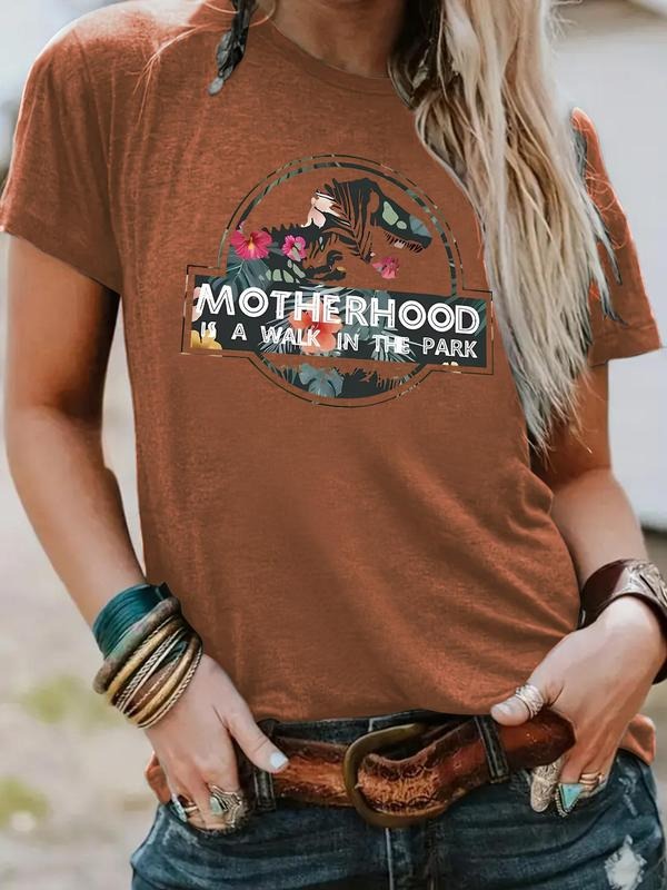 Women's Letter & Dinosaur Print Round Neck Tee, Vintage Trendy Casual Short Sleeve T-shirt for Daily Wear, Ladies Summer...