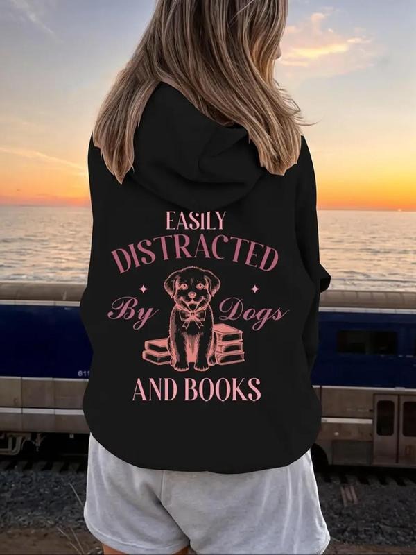 Women's Letter & Dog Print Drawstring Hoodie, Casual Long Sleeve Hooded Sweatshirt for Fall & Winter, Women's Clothes for...