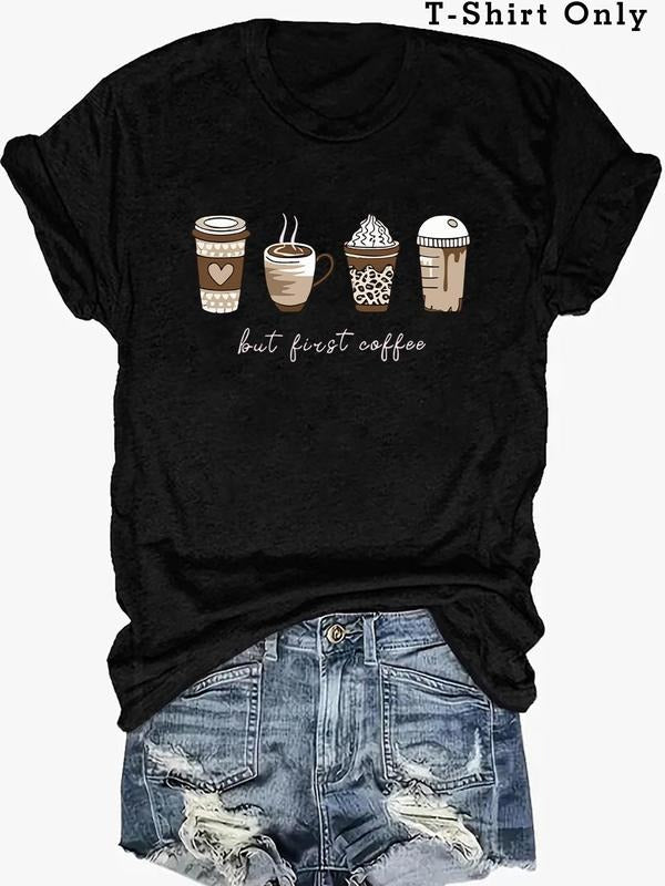 Women's Letter & Drink  Print Round Neck Tee, Fashion Casual Plus Size Short Sleeve T-shirt for Daily Wear, Women's ...