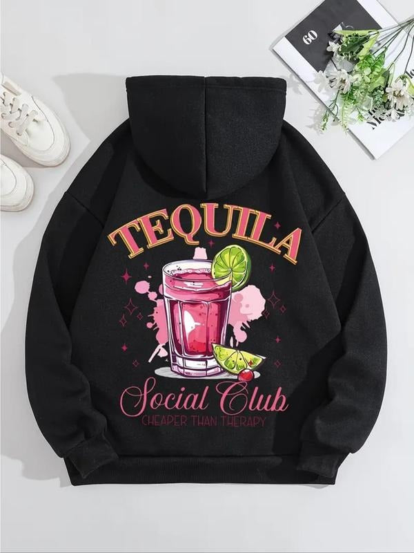 Women's Letter & Drink Print Drawstring Hoodie, Casual Long Sleeve Kangaroo Pocket Hooded Sweatshirt for Fall & Winter,...