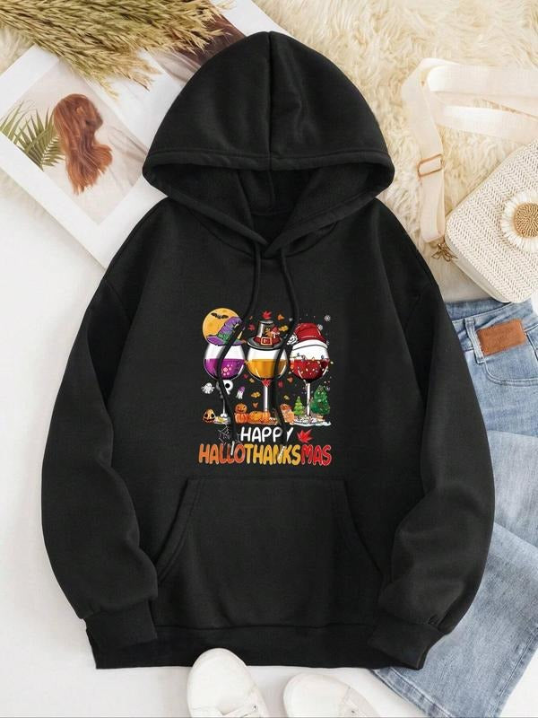 Women's Letter & Drink Print Drop Shoulder Hoodie, Fashion Casual Drawstring Pocket Hooded Sweatshirt for Daily Holiday...
