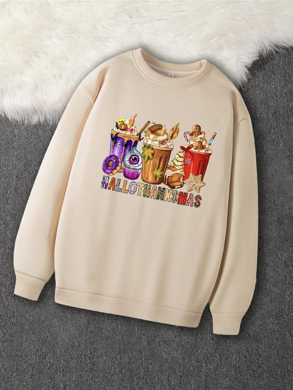 Women's Letter & Drink Print Drop Shoulder Thermal Lined Sweatshirt, Casual Long Sleeve Round Neck Pullover for Fall &...