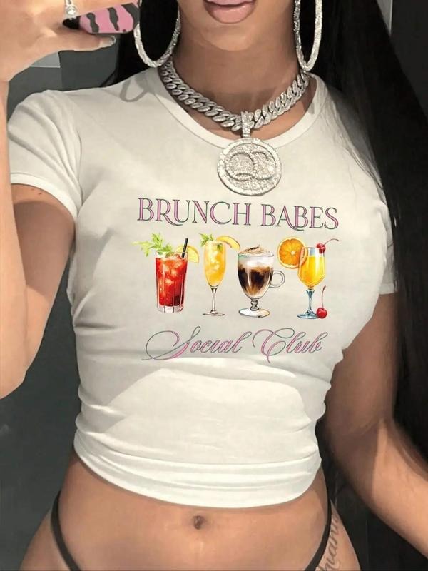 Women's Letter & Drink Print Round Neck Crop Tee, Casual Crew Neck Short Sleeve T-shirt for Daily Outdoor Wear, Ladies...