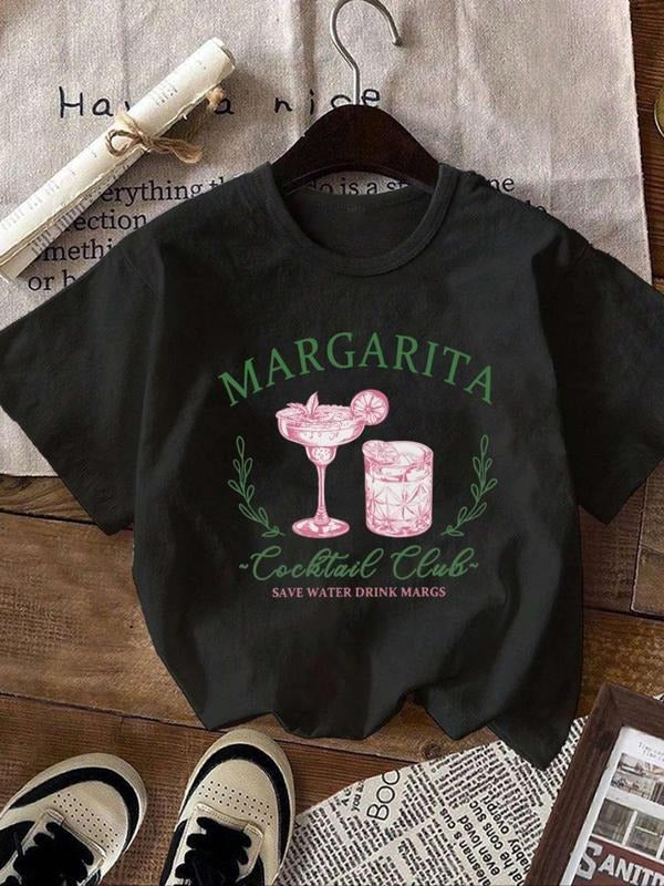 Women's Letter & Drink Print Round Neck Graphic Tee, Vintage Trendy Casual Short Sleeve T-shirt For Daily Wear, Ladies...