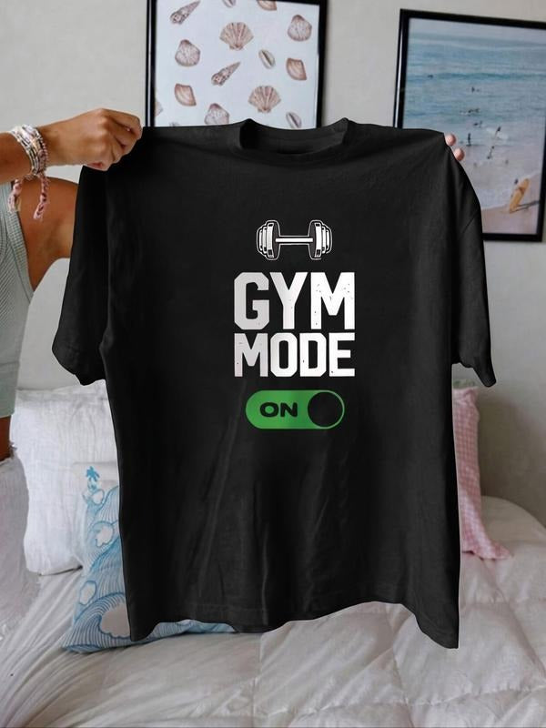 Women's Letter & Dumbbell Print Round Neck Tee, Trendy Casual Gym Mode Crew Neck T-Shirt for Daily Wear, Ladies Summer...
