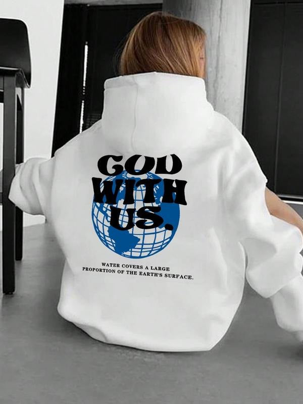 Women's Letter & Earth Print Drop Shoulder Hoodie, Fashion Casual Drawstring Pocket Hooded Sweatshirt for Daily Holiday...