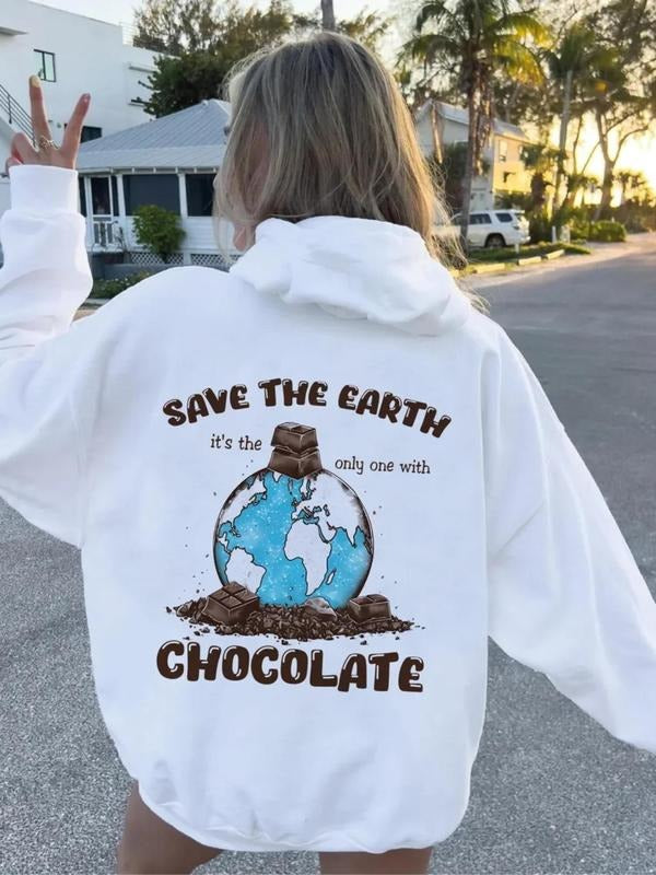 Women's Letter & Earth Print Drop Shoulder Hoodie, Fashion Casual Drawstring Pocket Hooded Sweatshirt for Daily Holiday...