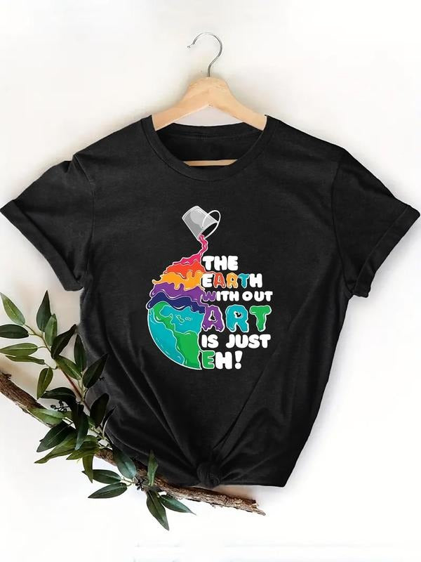 Women's Letter & Earth Print Round Neck Tee, Fashion Casual Short Sleeve T-shirt for Daily Holiday Vacation Outdoor Wear,...