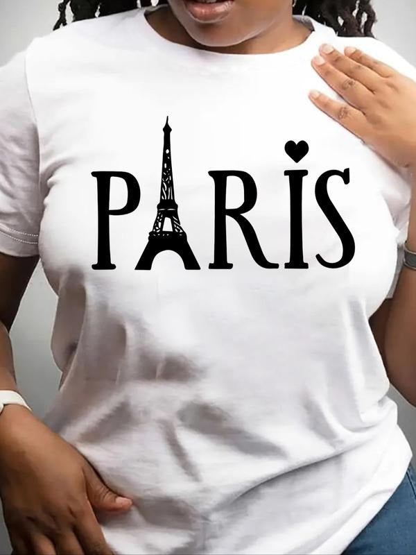 Women's Letter & Eiffel Tower Graphic Print Round Neck Tee, Fashion Casual Short Sleeve T-shirt for Daily Wear, Ladies...