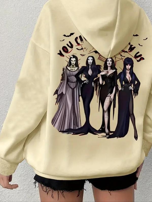 Women's Letter & Figure Print Drop Shoulder Drawstring Hoodie, Fashion Casual Pocket Hooded Sweatshirt for Daily Holiday...