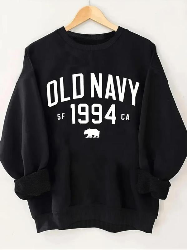 Women's Letter & Figure Print Drop Shoulder Sweatshirt, Casual Long Sleeve Round Neck Pullover for Fall & Winter, Ladies...