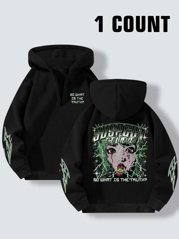 Women's Letter & Figure Print Half Zip Drop Shoulder Hoodie, Fashion Casual Long Sleeve Hooded Sweatshirt for Daily...