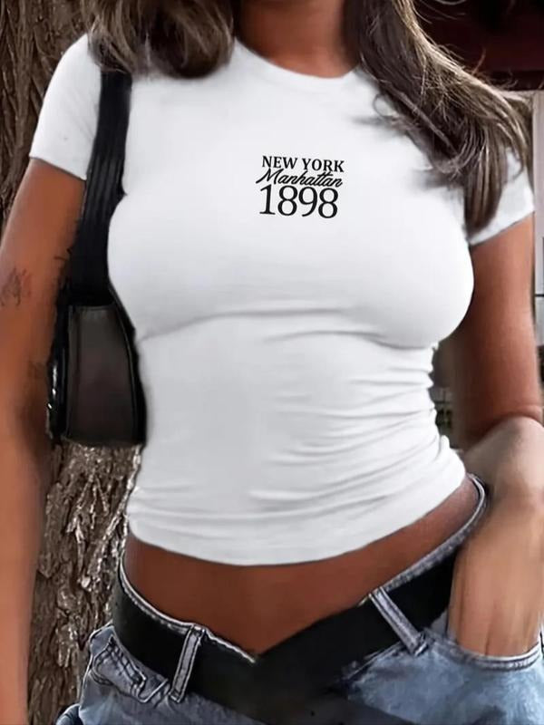 Women's Letter & Figure Print Round Neck Crop Tee, Y2K Trendy Casual Short Sleeve T-shirt for Daily Wear, Ladies Summer...