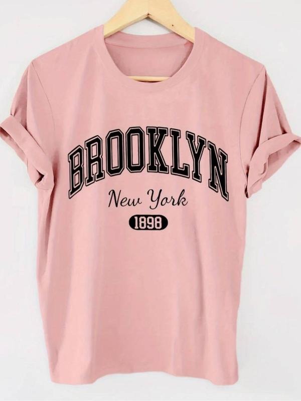 Women's Letter & Figure Print Round Neck Tee, Casual Short Sleeve Crew Neck T-shirt for Summer, Fashion Women's Top for...