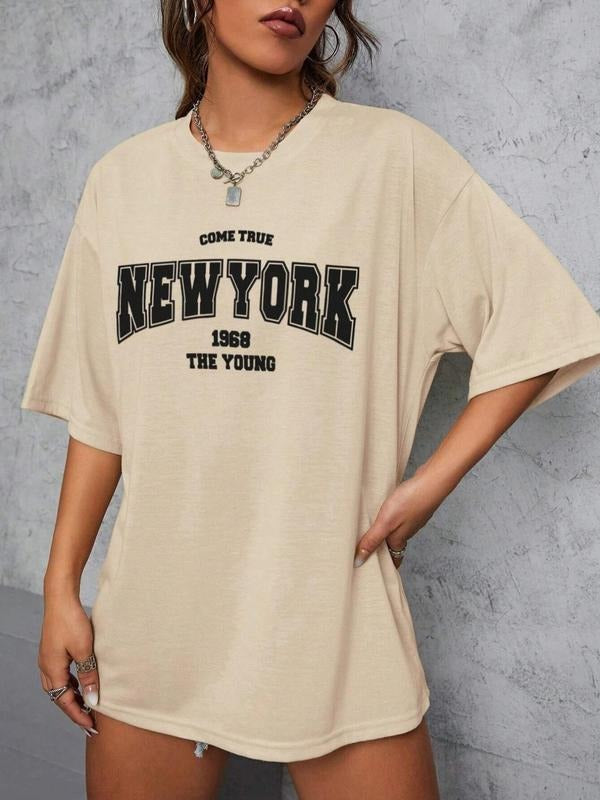 Women's Letter & Figure Print Round Neck Tee, Trendy Casual Drop Shoulder Half Sleeve T-shirt for Daily Wear, Ladies All...