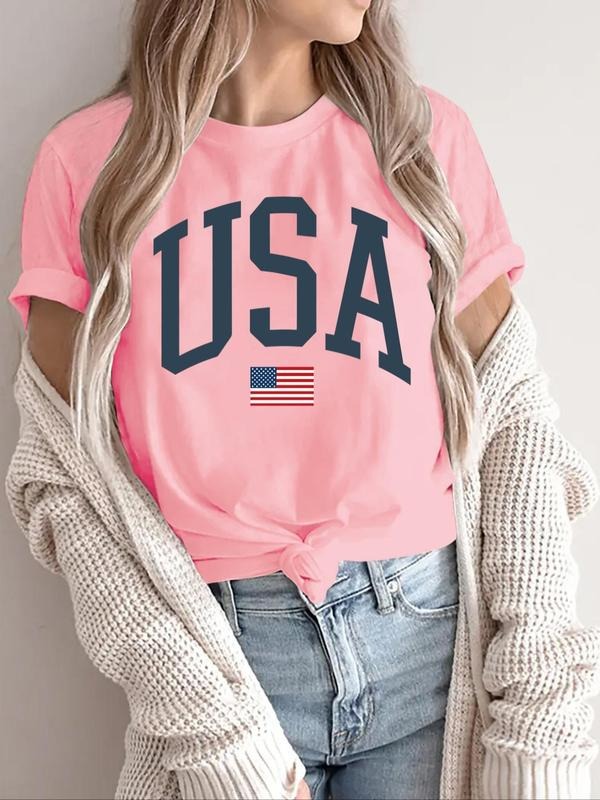 Women's Letter & Flag Print  Round Neck Tee, Casual Short Sleeve T-shirt for Summer, Ladies Clothes for Daily Wear...