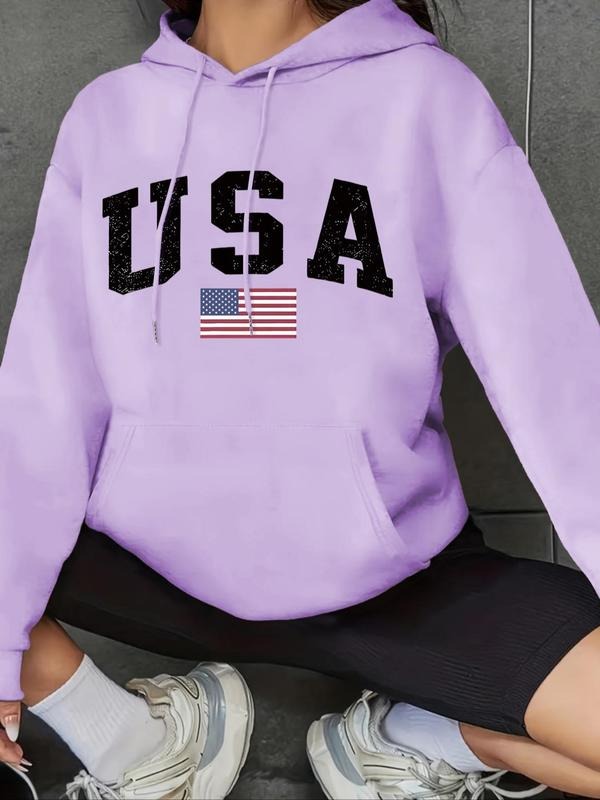 Women's Letter & Flag Print Drop Shoulder Hoodie, Fashion Casual Drawstring Pocket Hooded Sweatshirt for Daily Holiday...