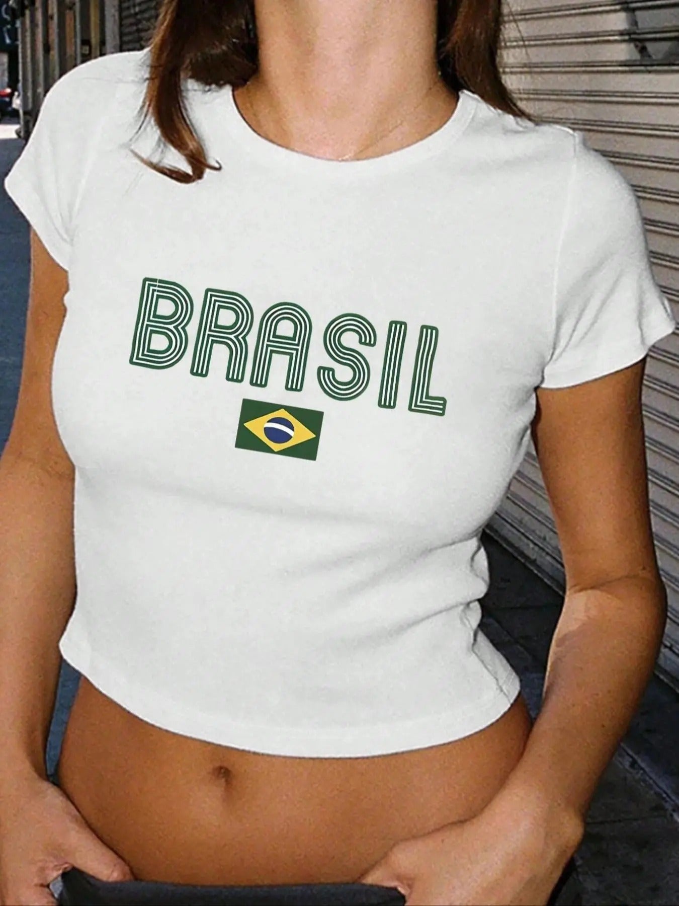 Women's Letter & Flag Print Round Neck Crop Tee, Casual Crew Neck Short Sleeve T-shirt for Daily Outdoor Wear, Ladies...