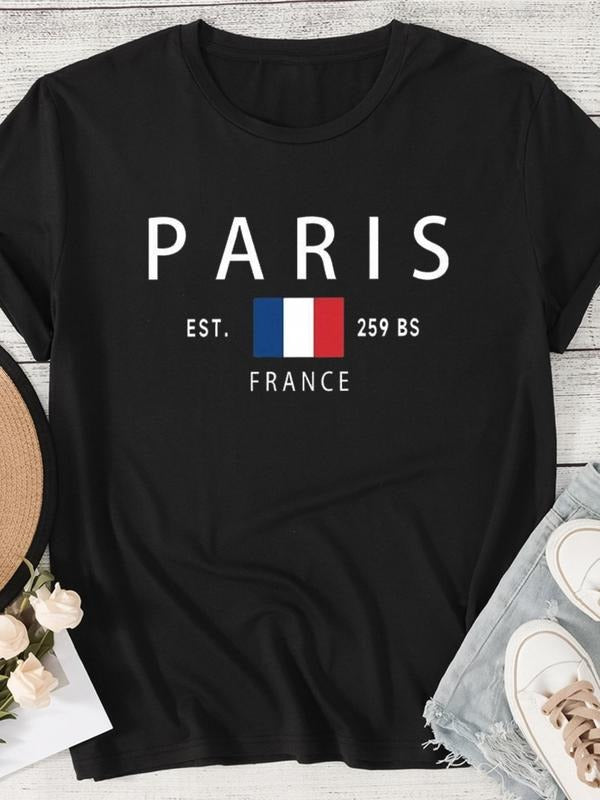 Women's Letter & Flag Print Round Neck Graphic Tee, Vintage Trendy Casual Short Sleeve T-shirt for Daily Wear, Ladies...