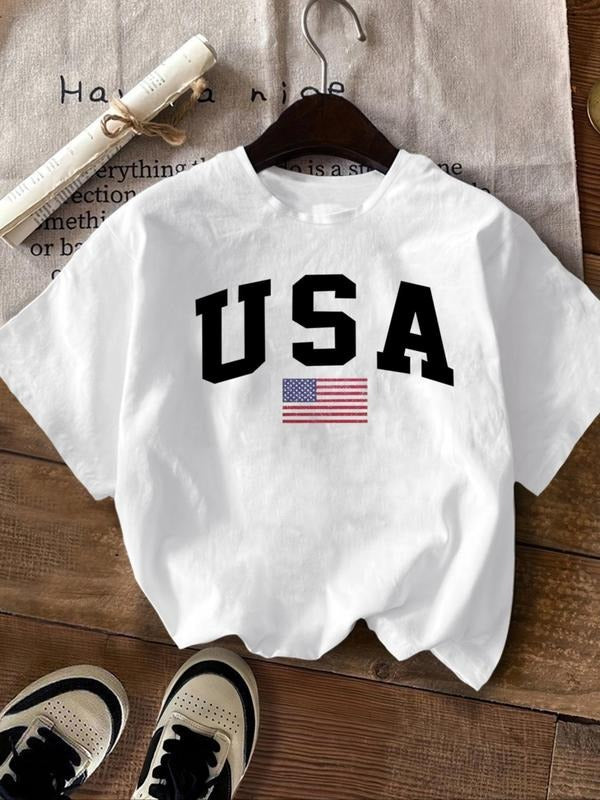 Women's Letter & Flag Print Round Neck Tee, Casual Drop Shoulder Short Sleeve T-Shirt for Summer, Ladies Clothes for...