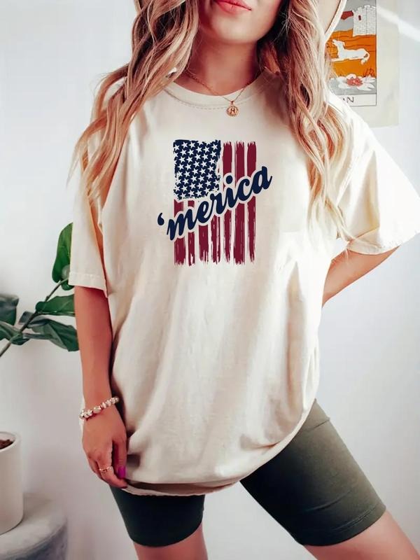 Women's Letter & Flag Print Round Neck Tee, Casual Short Sleeve Crew Neck T-shirt for Daily Wear, Ladies Clothes for All...