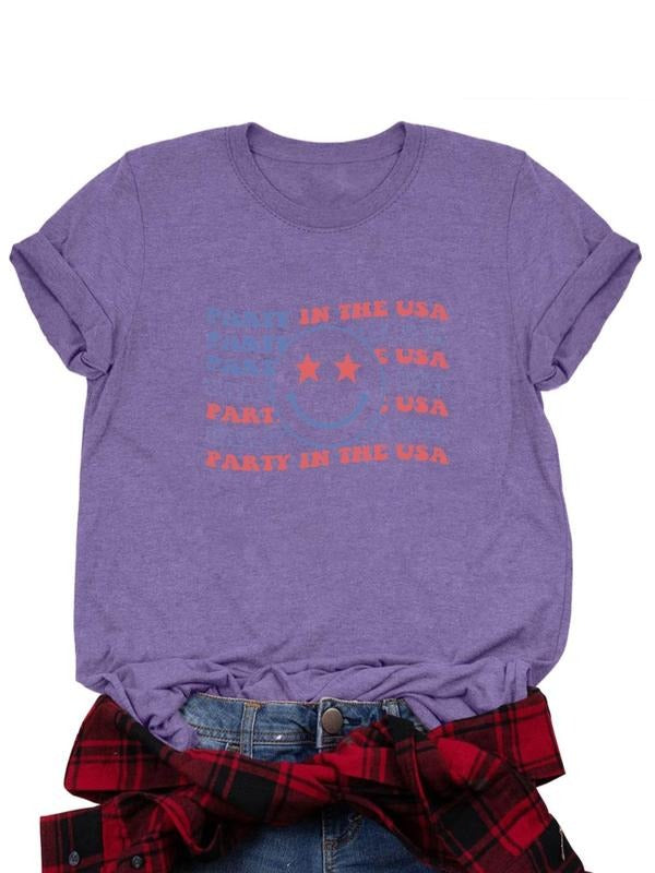 Women's Letter & Flag Print Round Neck Tee, Casual Short Sleeve Crew Neck T-shirt for Daily Wear, Ladies Clothes for All...