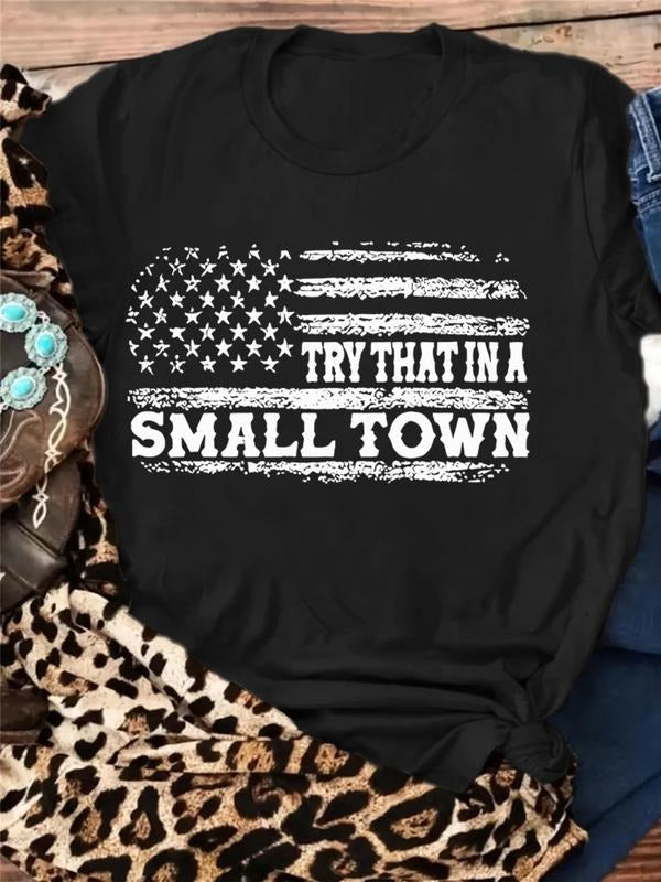 Women's Letter & Flag Print Round Neck Tee, Casual Short Sleeve Crew Neck T-shirt for Daily Wear, Ladies Summer Clothes...