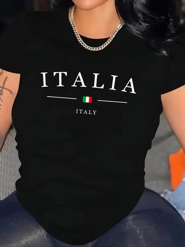 Women's Letter & Flag Print Round Neck Tee, Casual Short Sleeve Crew Neck T-shirt, Ladies Clothes for Summer Daily Wear...
