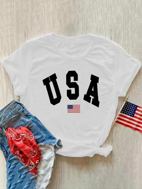 Women's Letter & Flag Print Round Neck Tee, Trendy Casual Short Sleeve T-Shirt for Daily Wear, Ladies All Seasons...