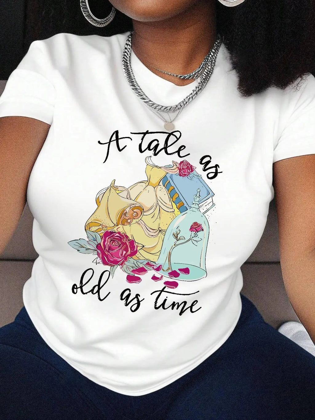 Women's Letter & Floral Print Round Neck Graphic Tee, Casual Short Sleeve T-shirt for Summer, Women Clothes for Daily...
