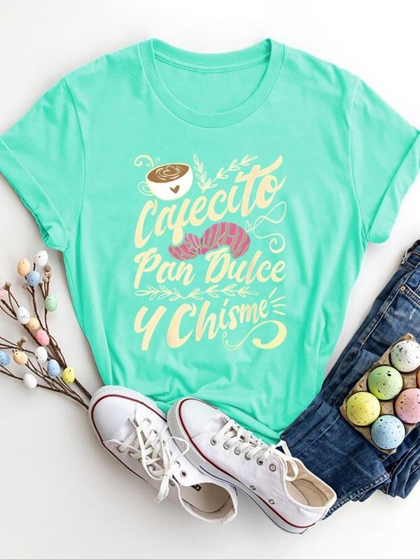 Women's Letter & Floral Print Round Neck Tee, Casual Crew Neck Short Sleeve T-Shirt for Summer, Fashion Women's Top for...