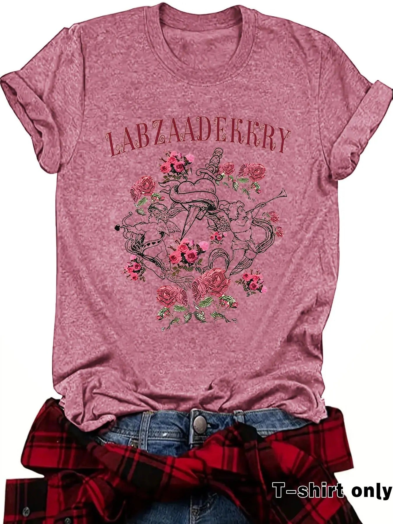 Women's Letter & Floral Print Round Neck Tee, Casual Short Sleeve Crew Neck T-shirt for Summer, Fashion Women's Top for...