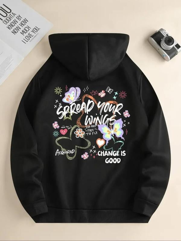 Women's Letter & Flower Print Drawstring Hoodie, Casual Comfy Pullover Hooded Sweatshirt for Daily Wear, Women's Clothes...