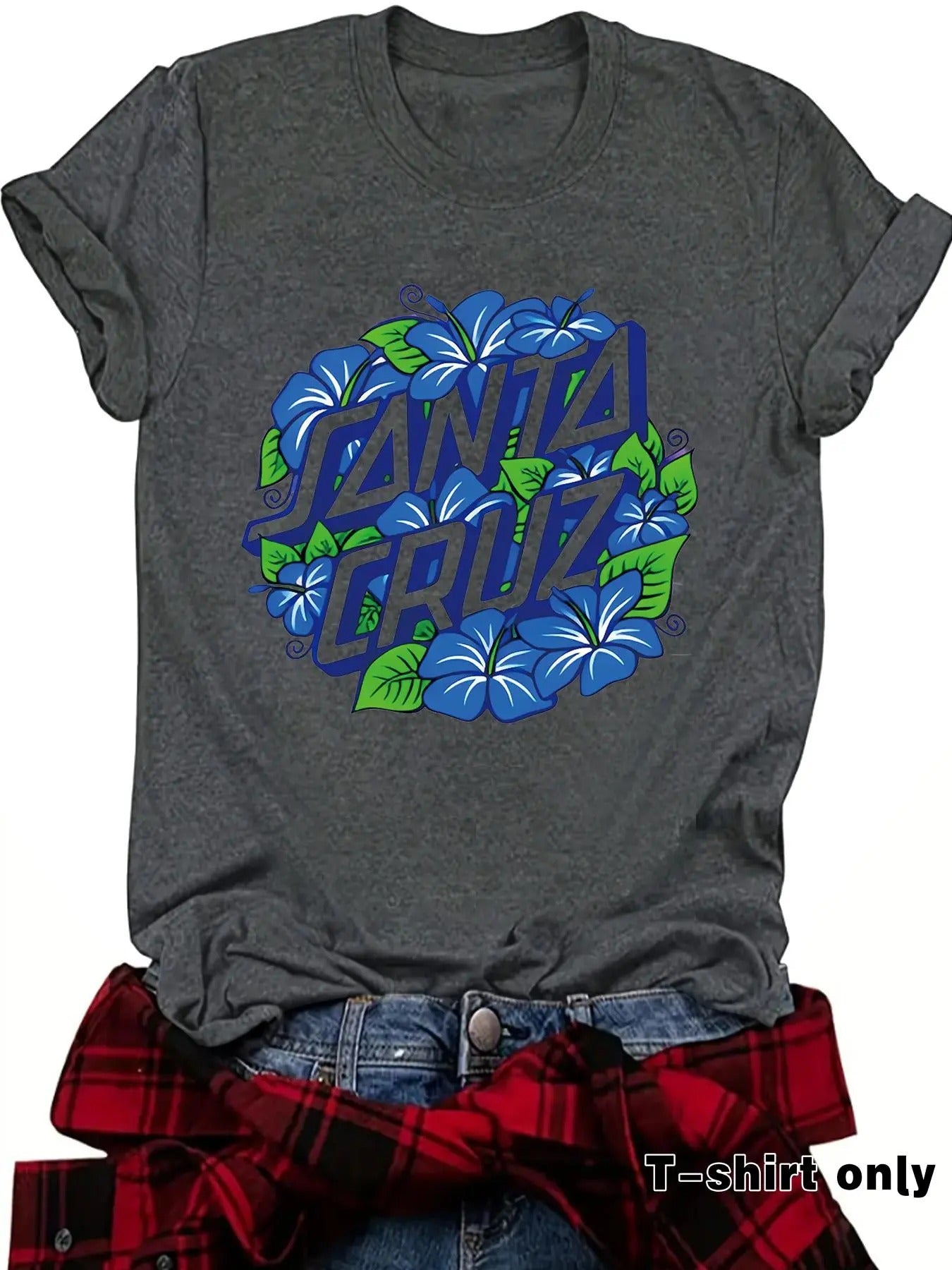 Women's Letter & Flower Print Round Neck Tee, Casual Short Sleeve Crew Neck T-shirt for Spring, Fashion Women's Top for...