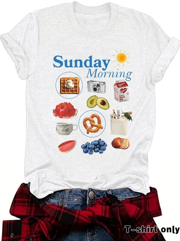 Women's Letter & Food Print Round Neck Tee, Casual Short Sleeve Crew Neck T-shirt for Summer, Fashion Women's Top for...