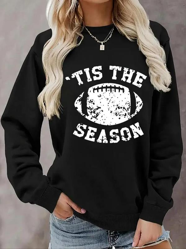 Women's Letter & Football Print Drop Shoulder Sweatshirt, Casual Long Sleeve Round Neck Pullover for Fall & Winter,...